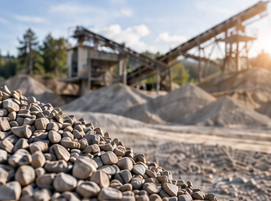 Kieshaufen vor der Brecheranlage in der Schottergrube