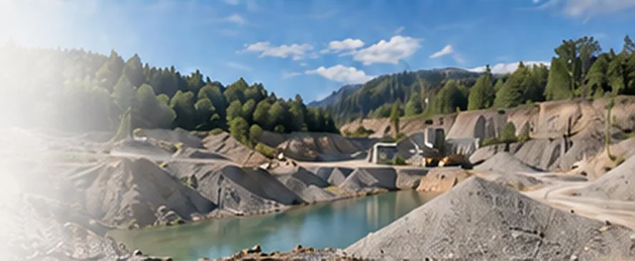 Schottergrube mit Baggersee und Materialhalden